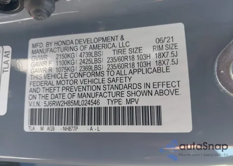 2021 Honda Cr-V Awd Ex-L from USA, damaged, VIN 5J6RW2H85ML024546